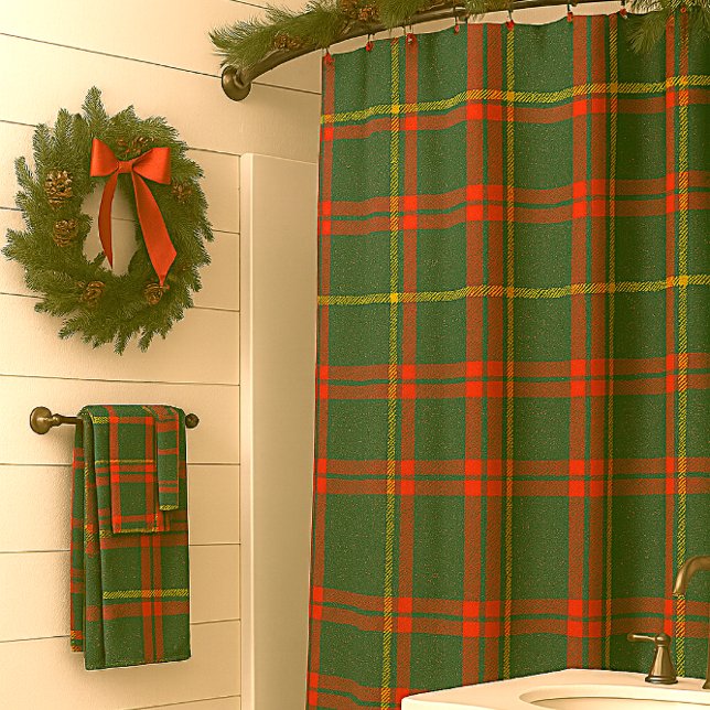Cortina De Ducha Tartan de Navidad  Rojo Verde  Cuadros  (“Christmas tartan shower curtain and towel set”)