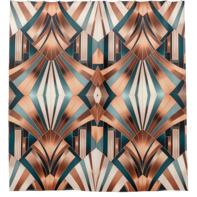 Cortina De Ducha Teal Copper Geometric Skyscraper Neo Art Deco (Anverso)