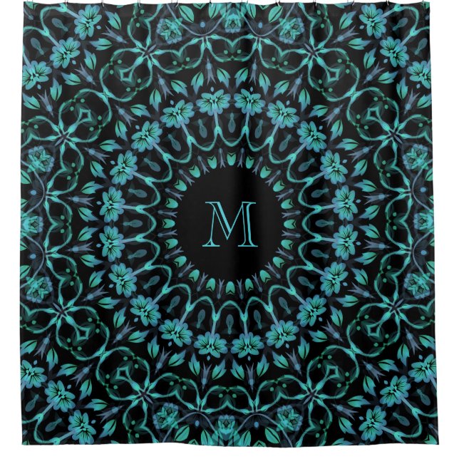 Cortina De Ducha Teal Floral Mandala Monogram (Anverso)