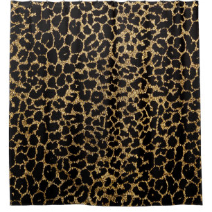 Cortina De Ducha Tejido negro con pieles de leopardo dorado metáli