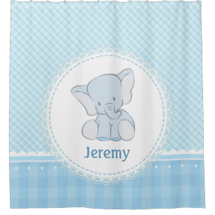 Cortina De Ducha Tela escocesa azul clara del elefante lindo para