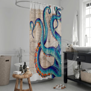 Cortina De Ducha Tentacles azul oscuro Map Vintage