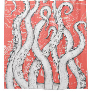 Cortina De Ducha Tentáculos blancos Octopus Mapa cosmético