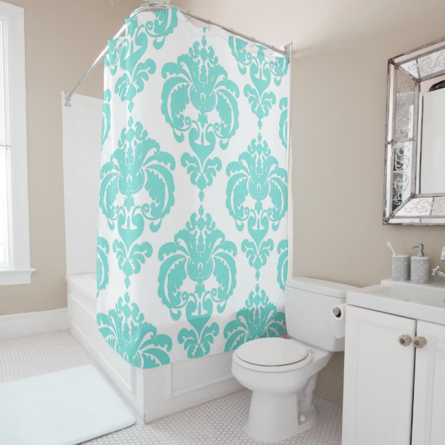 Cortina De Ducha Terciopelo Aqua Azul y Blanco Damask Glam Real (In situ)