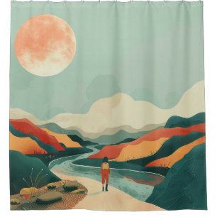 Cortina De Ducha Terracota Verde Teal Boho Río Montaña Viaje