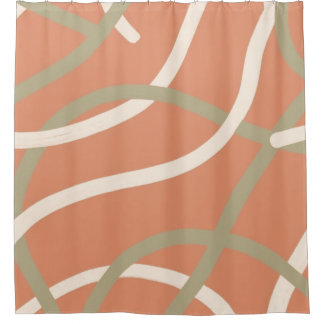 Cortina De Ducha Terracotta Linework Pattern | Cream & Olive 