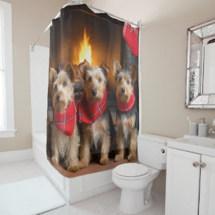 Cortina De Ducha Terrier Australiano junto a la Chimenea Navidad