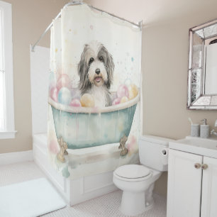 Cortina De Ducha Terrier Tibetano en Bañera Acuarela Arte Canino