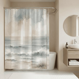 Cortina De Ducha Textura de madera rústica océano pastel acuarela