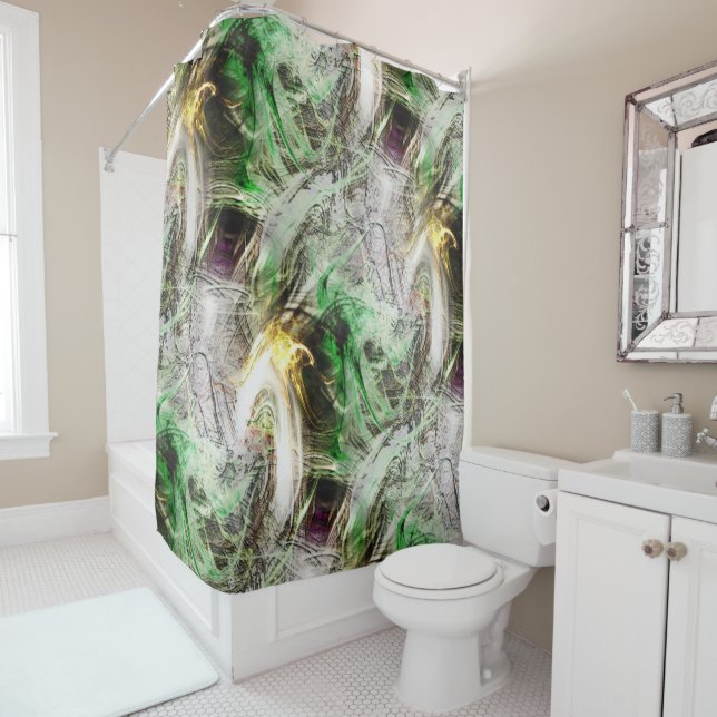 Cortina De Ducha Textura rústica bajo tinta flotante verde y amaril (In situ)