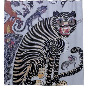 Cortina De Ducha Tigre coreano Minhwa con tres cachorros