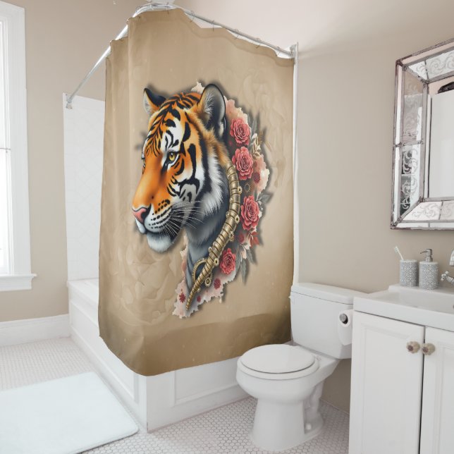 Cortina De Ducha Tigre de vapor con Ilustracion de Rosas. (In situ)
