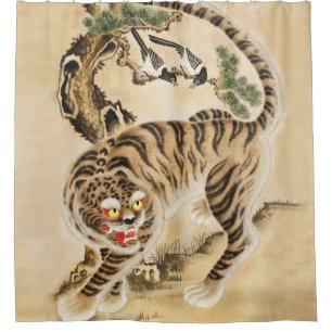 Cortina De Ducha Tigre Minhwa Vintage Bajo el Árbol de Pino