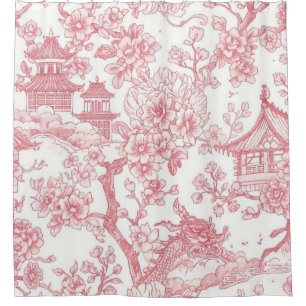 Cortina De Ducha Toile Chinoiserie Rosa Dragón Flor de Cerezo