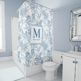 Cortina De Ducha Toile de Jouy Monograma Azul Francés