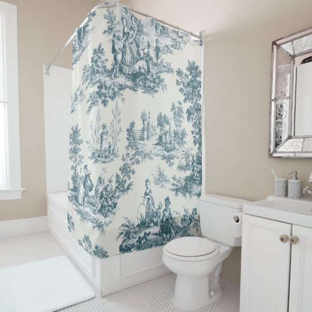 Cortina De Ducha Toile de jouy sage verde elegante (In situ)