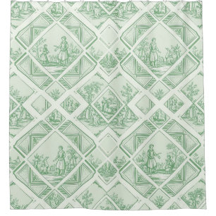 Cortina De Ducha Toile de Jouy Verde Salvia con Escenas Pastorales
