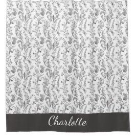 Cortina De Ducha Toile Floral Blanco y Negro con Nombre Personaliza