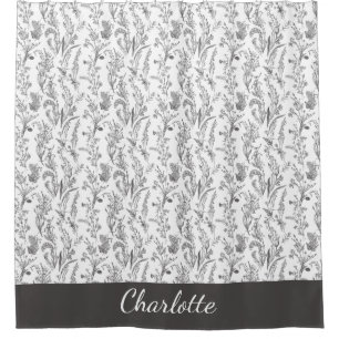 Cortina De Ducha Toile Floral Blanco y Negro con Nombre Personaliza