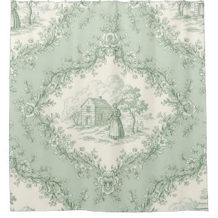 Cortina De Ducha Toile Floral Campestre Francés Verde Menta - Casa