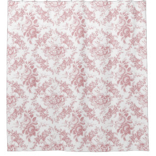 Cortina De Ducha Toile floral rosado y blanco grabado elegante