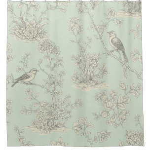 Cortina De Ducha Toile Francés País de Aves y Floral Verde Menta 3