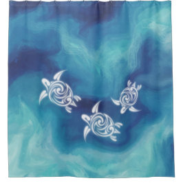 Cortina De Ducha Tortugas Blancas en Océano Acuarela Azul Costero