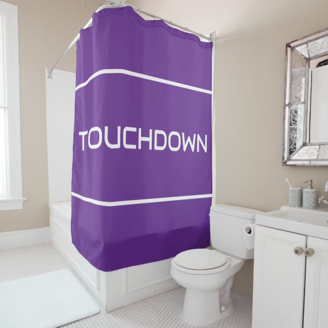 Cortina De Ducha TOUCHDOWN Modern White Text Stripes On Bold Purple (In situ)