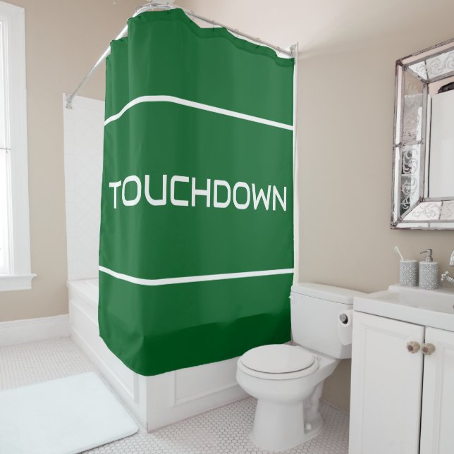 Cortina De Ducha TOUCHDOWN Modern White Text Stripes On Deep Green (In situ)