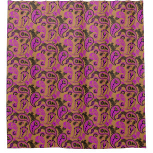 Cortina De Ducha Tradicional Paisley Linocut Vivid Pink Mustard