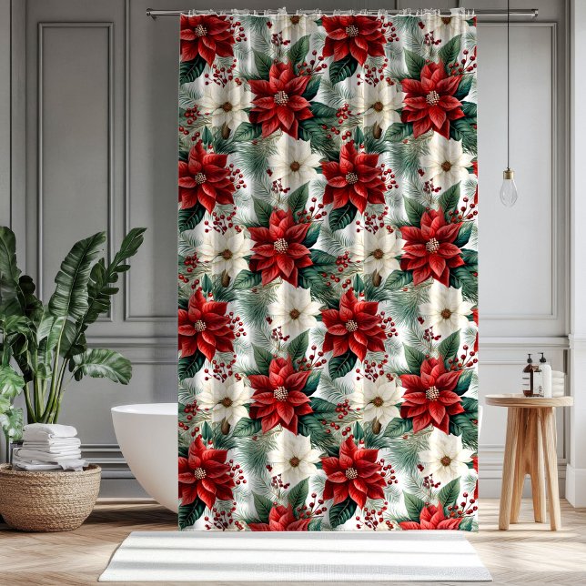 Cortina De Ducha Traditional Curtain Red Poinsettia Holiday Look (Traditional Curtain Red Poinsettia Holiday Look)