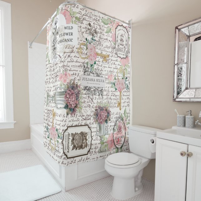 Cortina De Ducha Trendy newspaper Botanical Chic Frenchy pattern (In situ)