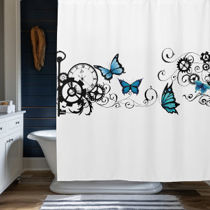 Cortina De Ducha Tribal Steampunk Mariposas Azules Engranajes Remol