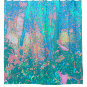 Cortina De Ducha Trippy Aqua Sunrise con flores psicodélicas
