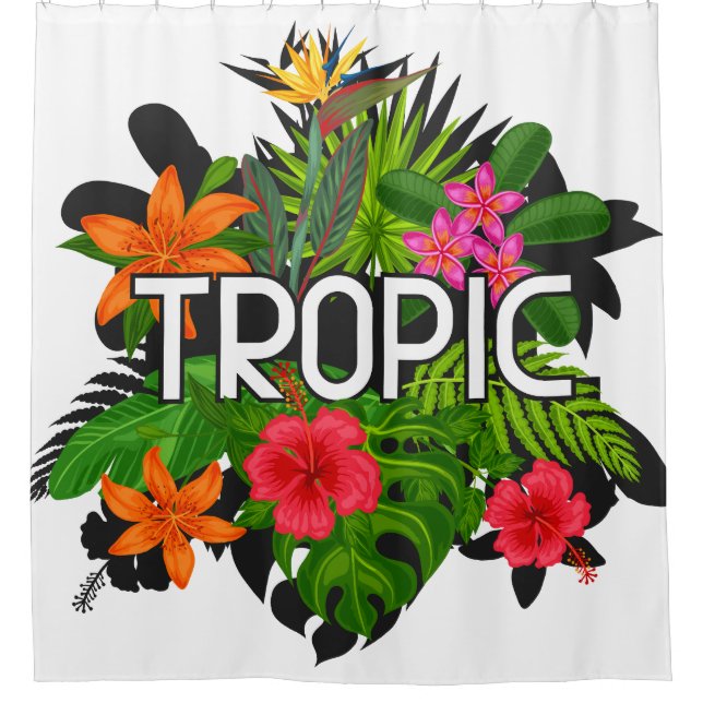 Cortina De Ducha Tropic Moderno Tropical Hibiscus Textos sobre hoja (Anverso)