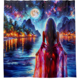 Cortina De Ducha Tropical moonlit fantasy woman in paradise