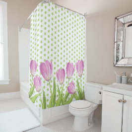 Cortina De Ducha Tulipanes rosados y puntos verdes elegante floral
