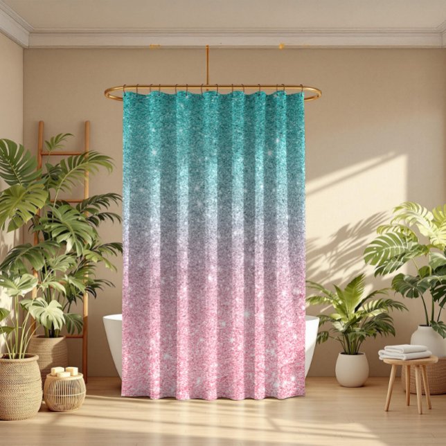 Cortina De Ducha Turquesa y rosa Sparkling Purpurina Ombre (Subido por el creador)