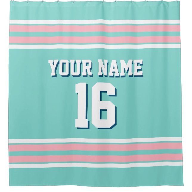 Cortina De Ducha Turquoise Aqua Pink White Strips Sports Jersey (Anverso)