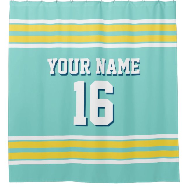 Cortina De Ducha Turquoise Aqua Yellow White Strips Sports Jersey (Anverso)