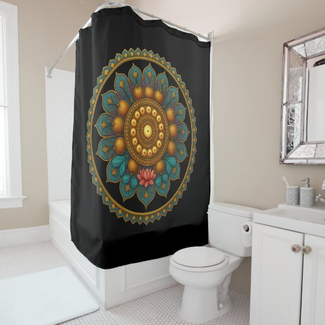 Cortina De Ducha Turquoise Lotus Mandala - Black Boho Graphic Art (In situ)