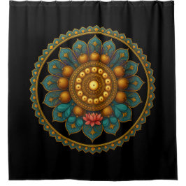 Cortina De Ducha Turquoise Lotus Mandala - Black Boho Graphic Art