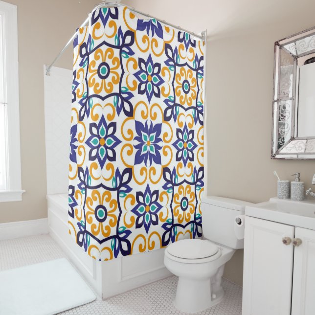 Cortina De Ducha Tuscan Verve Vibrant Scrollwork  Mediterranean  (In situ)