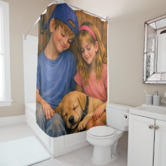 Cortina De Ducha Two Children with Sleeping Puppy Shower Curtain