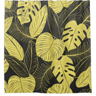 Cortina De Ducha Two Tone Yellow Black Tropical Leaf Seamless Patte