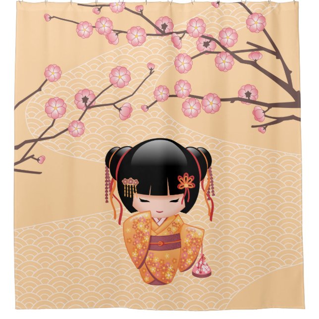 Cortina De Ducha Ume Kokeshi Muñeca japonesa Peach Geisha Chica Ama (Anverso)
