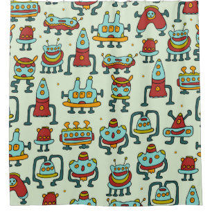 Cortina De Ducha Un patrón de robots - extraterrestres. ilustracion