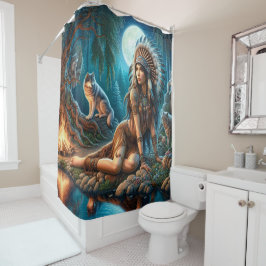 Cortina De Ducha Una noche mística con un indio nativo y lobos