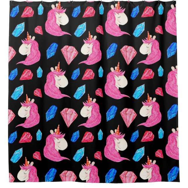 Cortina De Ducha Unicornio, cristales: mágico patrón de acuarela. (Anverso)