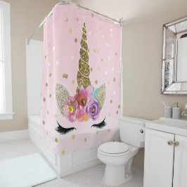 Cortina De Ducha Unicornio Floral Rosa y Dorado Brillo de Oro para